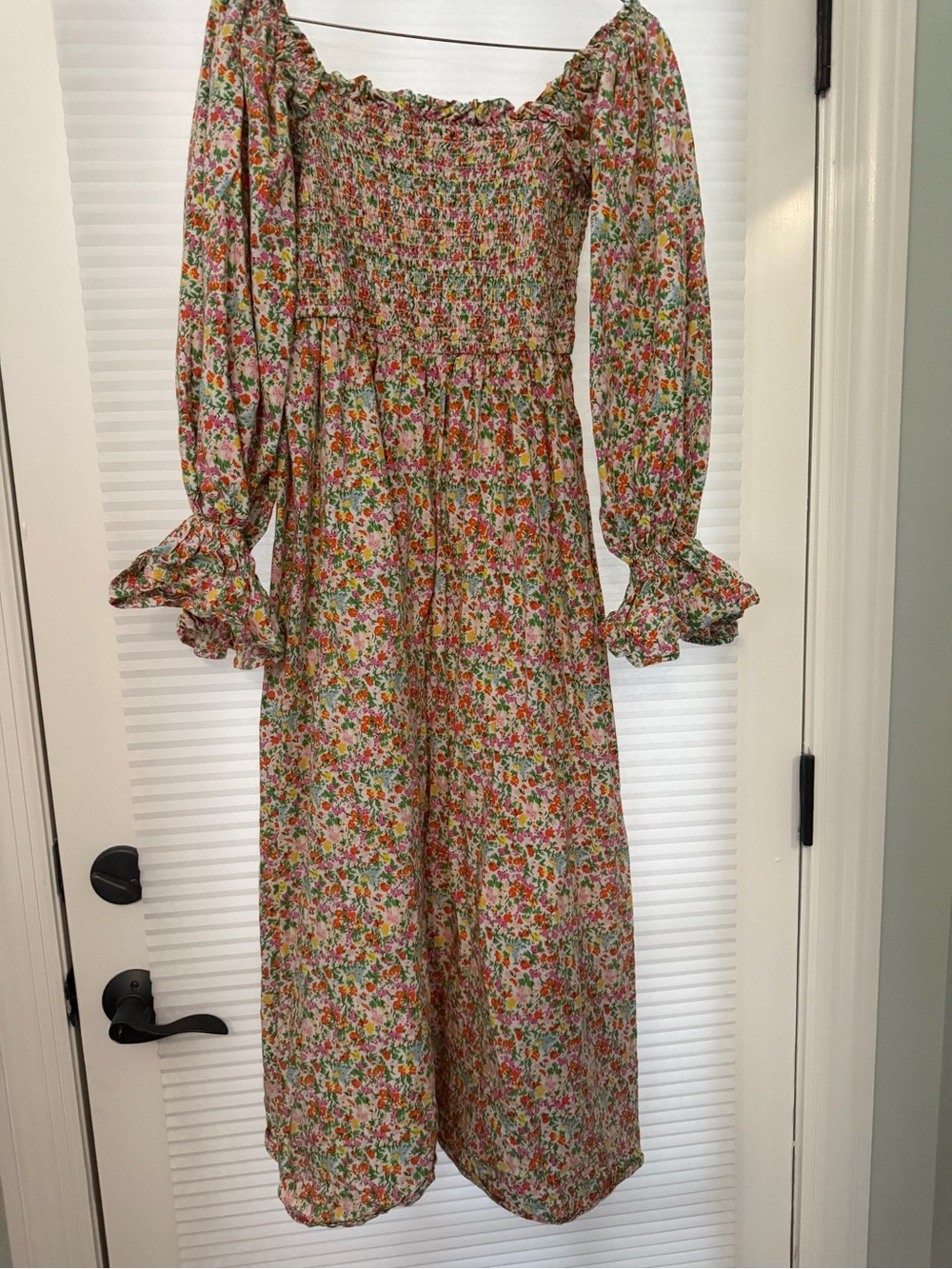 Elizabeth Wilson Design Floral Smocked Long Sleeve Midi Dress - Pink/Green